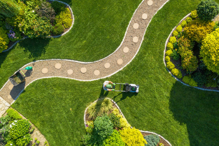 An overhead view of landscapers in a garden